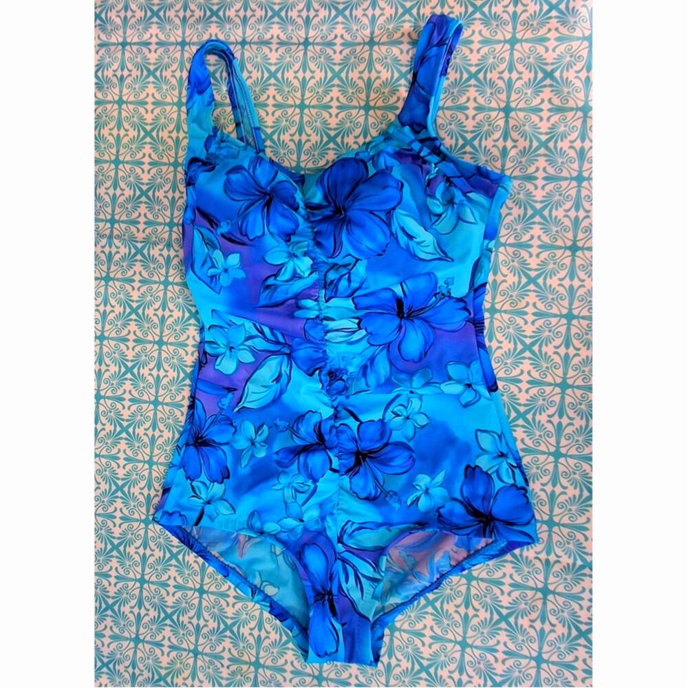 Le Cove One Piece Swimsuit Size 16 Blue Floral Ruched Tummy Control
